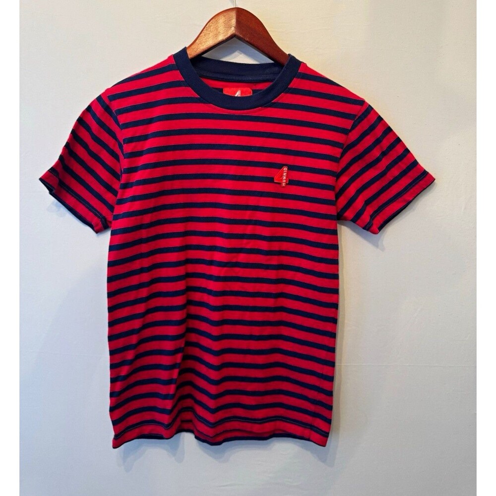 4 Hunnid Women’s S Red Blue Striped Logo Crew Neck Short Sleeve Cotton Tee